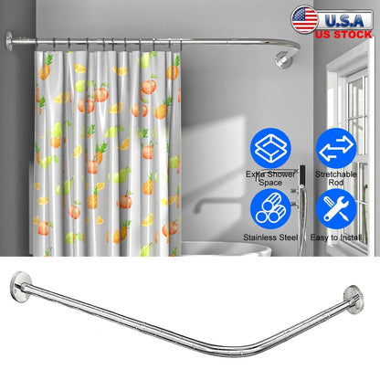 Curved Shower Curtain Rod Stainless Steel Rod L Shaped Stretchable Rod Bathroom Tub Closet Corner Rack Silver