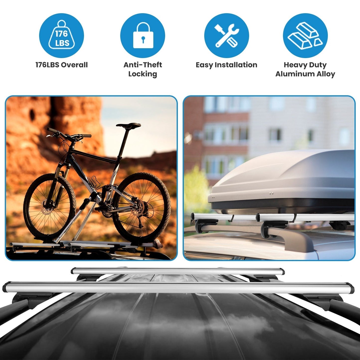 Car Roof Rack Cross Bars Aluminum Cargo Carrier Rooftop Crossbars Luggage Roof Rack Bar with 176lbs Max Load Fits Most Vehicles with Existing Raised S