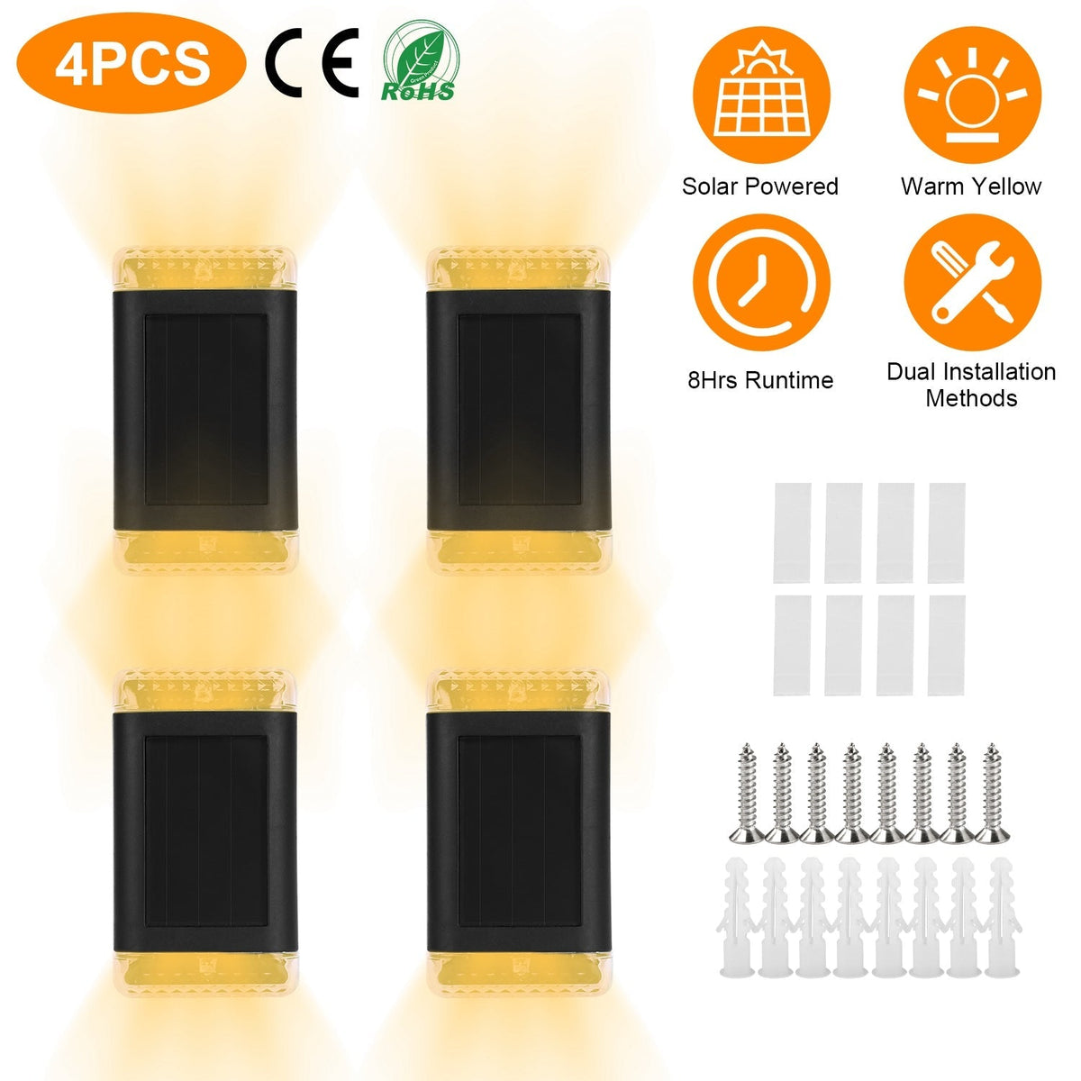 4Pack Solar Powered Wall Sconce Light IP55 Waterproof Rechargeable Optical Sensor Lamp Warm Yellow Lighting Lamp for Outdoor Fence Path Deck Patio