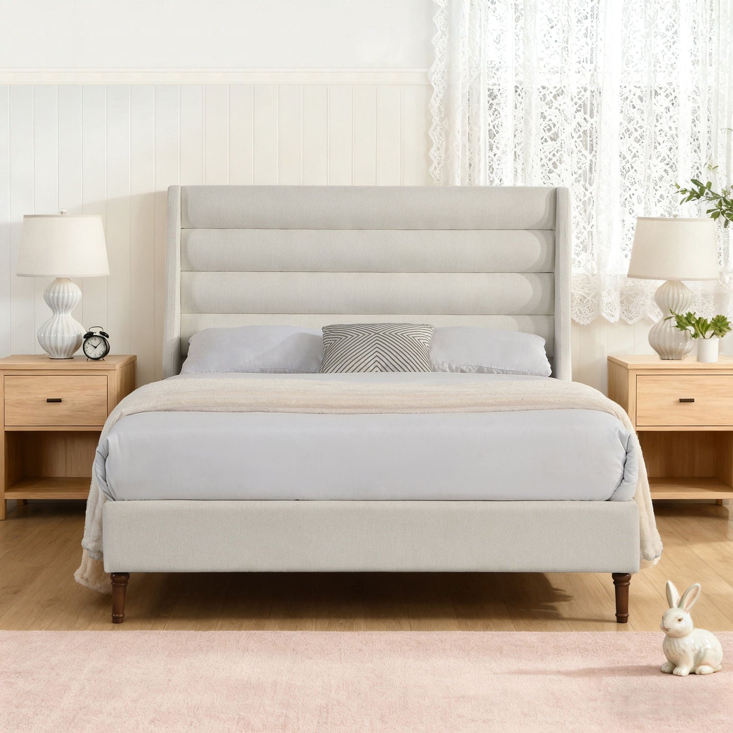 Modern Upholstered Platform Bed With Wave Shaped Headboard