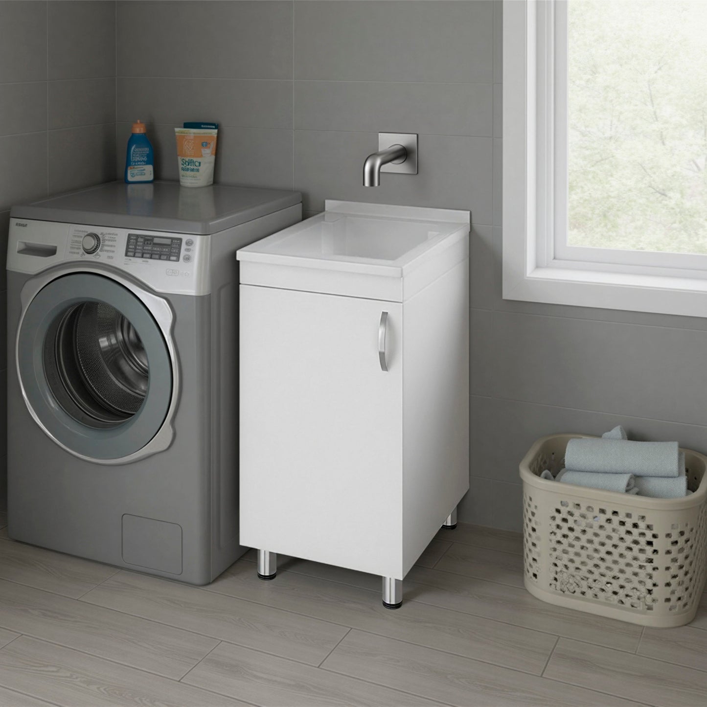 Slee Compact Utility Sink Cabinet with Storage and Metal Legs for Laundry Room