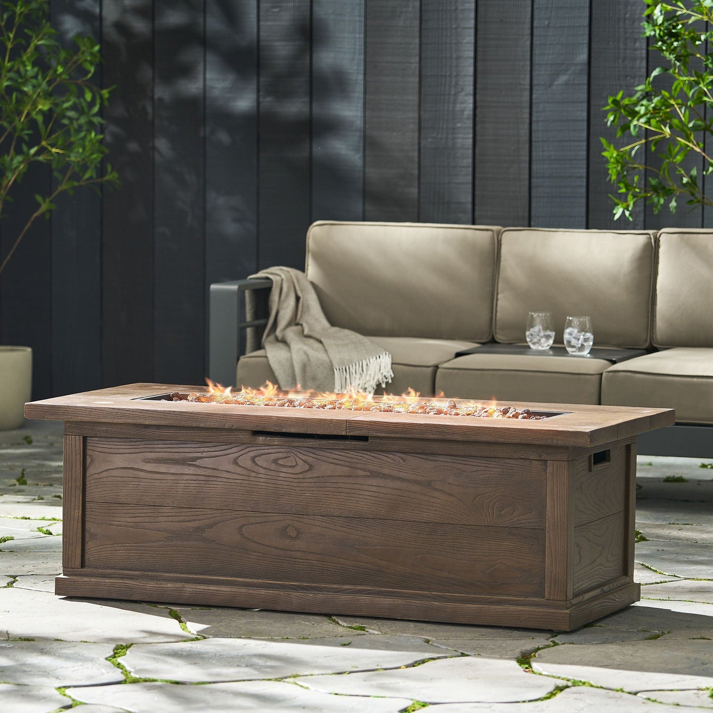 Transitional Rectangular Outdoor Propane Fire Pit With 50,000 BTU