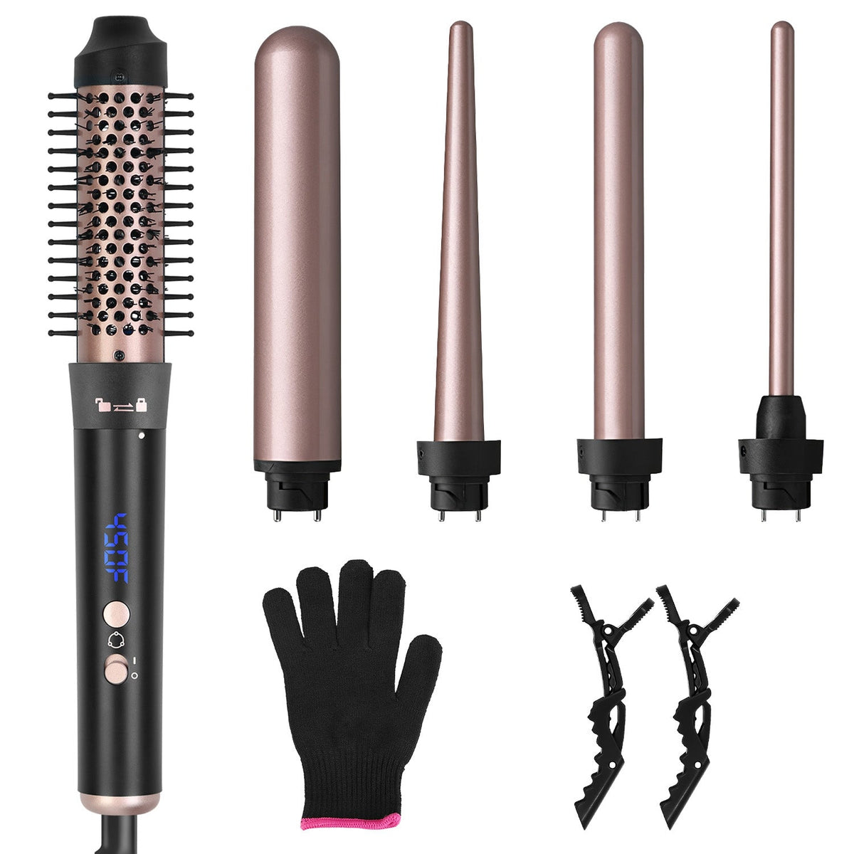 5 in 1 Curling Wand Hair Curling Iron Brush Anti-Tangle HairÊThermal Brush Curler with 4 Heating Levels 360¡ Rotatable Cable 5 Interchangeable Barrels