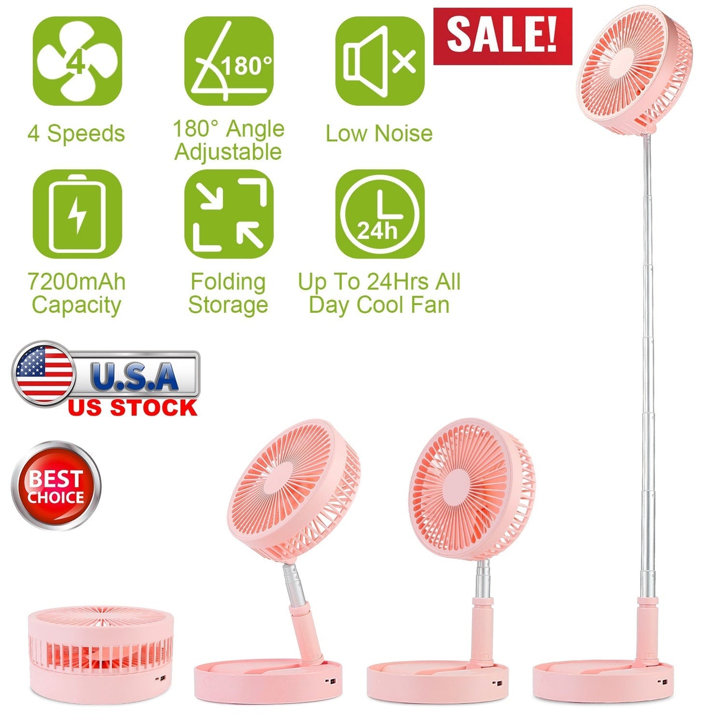 Portable Folding Desk Table Fan Quiet USB Rechargeable Telescopic Standing Floor Fan w/ 4 Speeds Adjustable Height 180¡ Tilting Angle For Office Home
