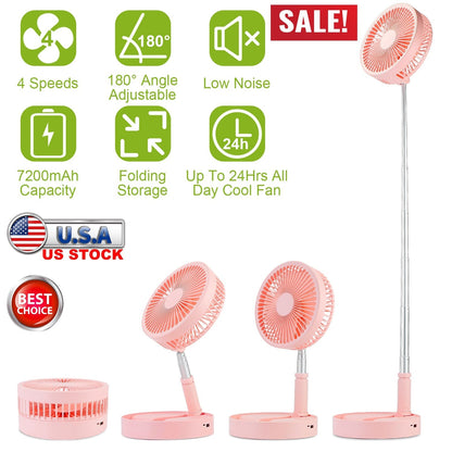 Portable Folding Desk Table Fan Quiet USB Rechargeable Telescopic Standing Floor Fan w/ 4 Speeds Adjustable Height 180¡ Tilting Angle For Office Home