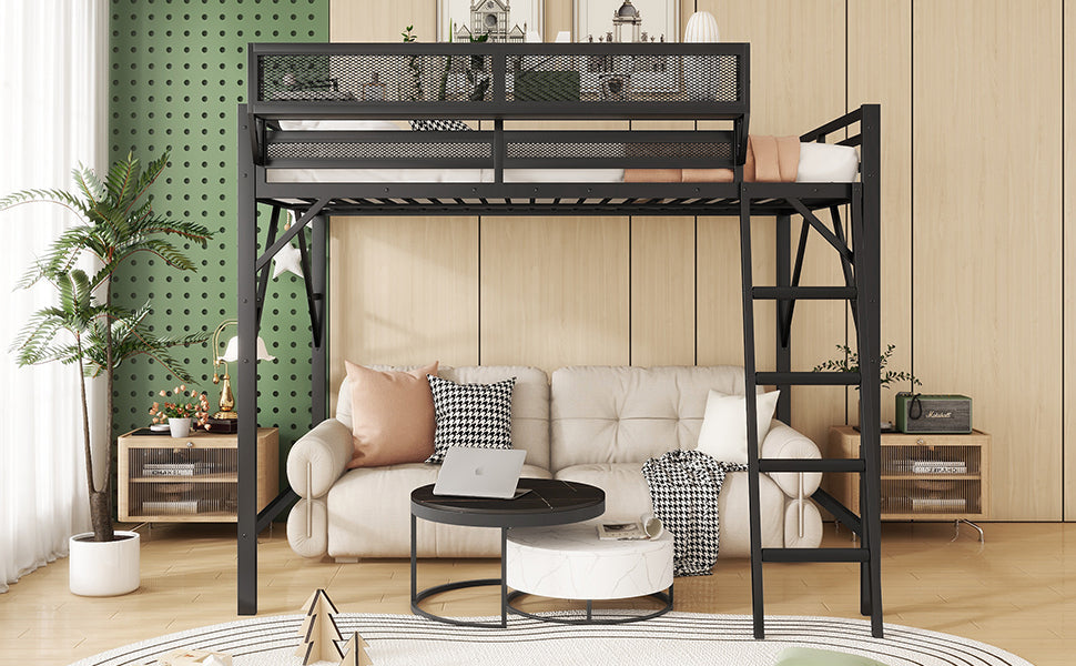 Full Size Loft Bed with Ladder and Storage Shelves