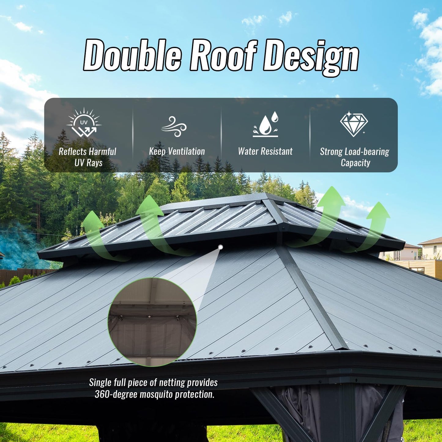 12'x18' Hardtop Gazebo with Resin Roof, Curtains, and Mosquito Netting