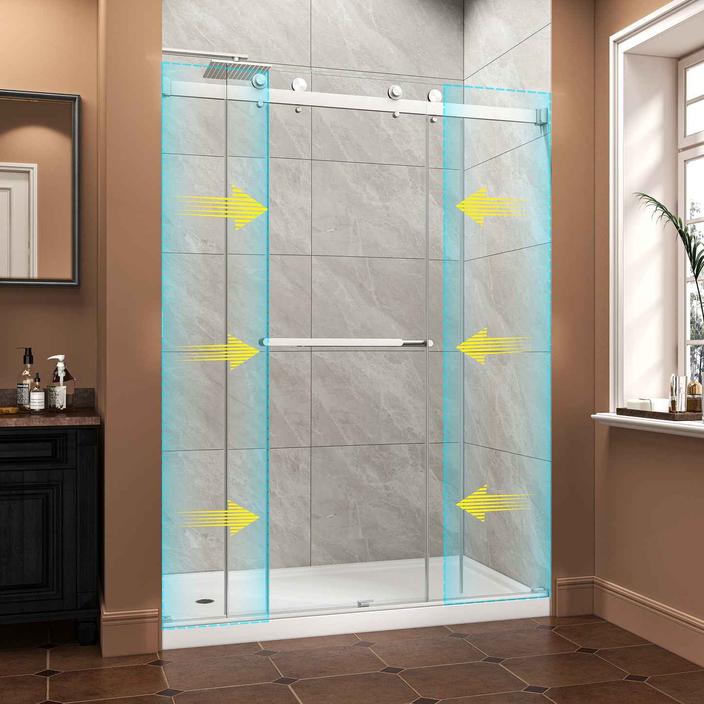 55"-60" W x 76" H Brushed Nickel Reversible Frameless Sliding Shower Door