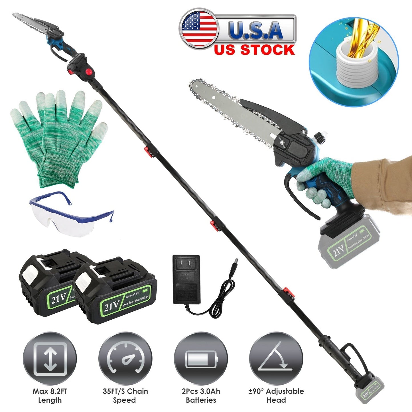 2-In-1 8Ó Cordless Electric Pole Saw and Mini Chainsaw with Extension Poles 2Pcs 21V 3.0Ah Batteries Adjustable Length Chain Saw With Auto Oiler Safet