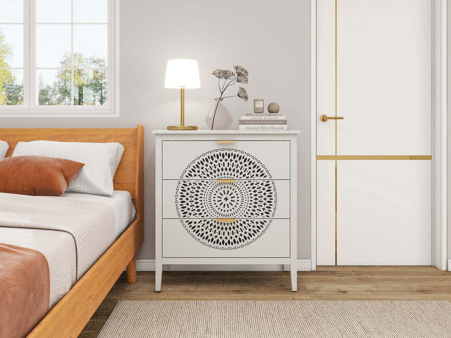 3 Drawer Cabinet With Hollow Carved 3 Drawer Dresser Storage Chest With Metal Handles For Entryway Living Room Bedroom - Beige