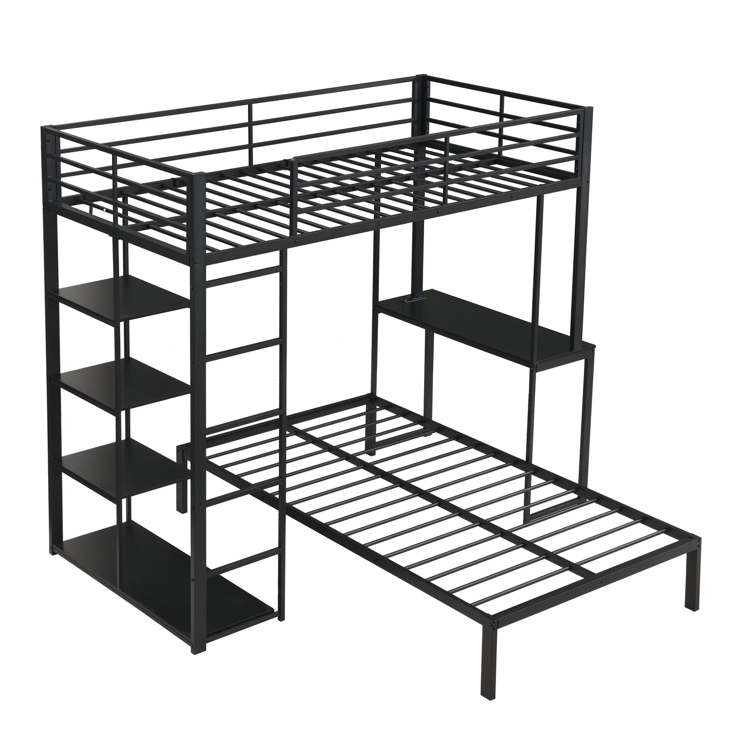Metal Loft Bed Frame with LED Light Strip, Side Storage Shelves & Built-in Desk