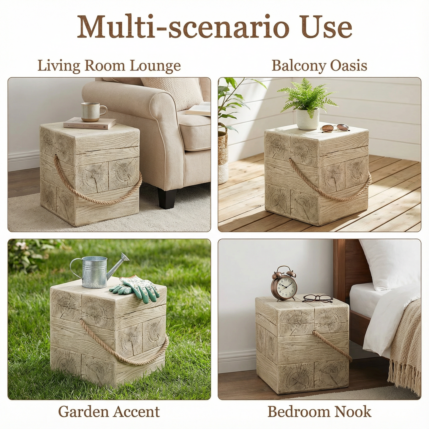 Outdoor Wood Grain Square MGO Side Table with Simulated Braided Cord
