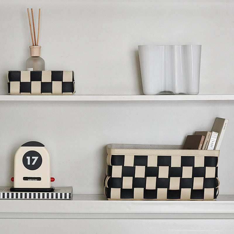 Black And White Hand Woven Storage Basket PU