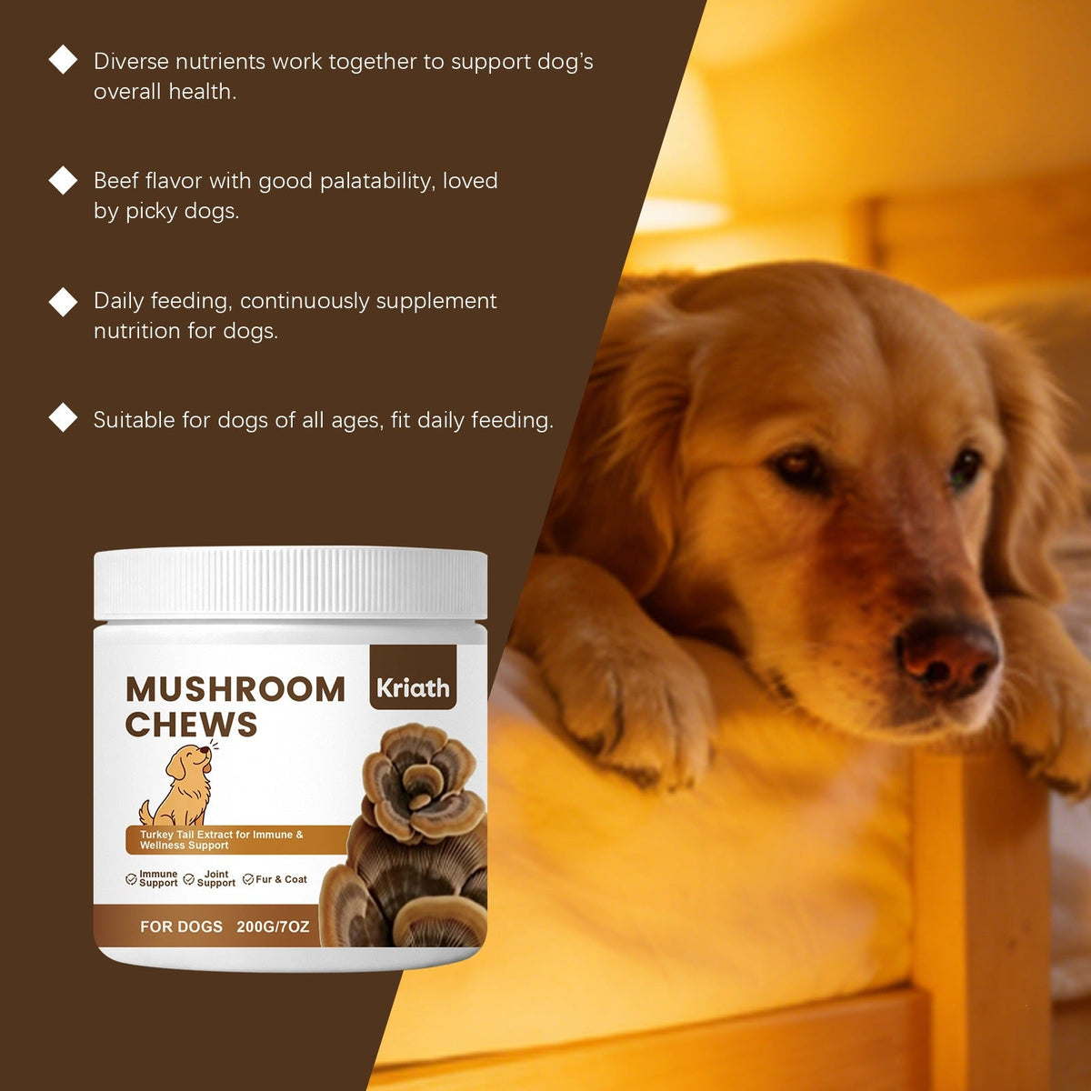 Kriath Mushroom Chewable Tablets For Dogs - Mild Formula For Daily Care And Nutritional Balance For Dogs