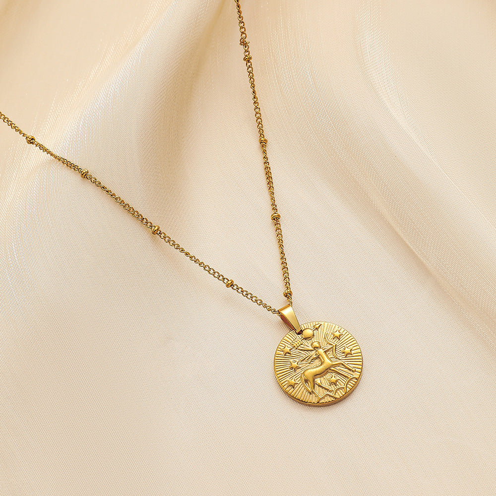 Stainless Steel Round Twelve Constellation Coin Relief Necklace