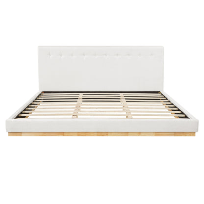 Solid Rubber Wood Platform Bed with Upholstered Headboard