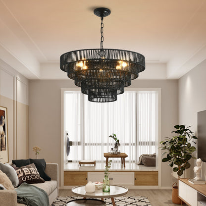 24" Rustic 5-Tier Black Hemp Rope Pendant Light Chandelier