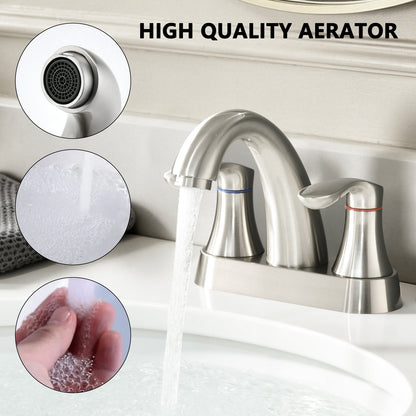 Two Handle 4 Inch Centerset Bathroom Sink Faucet with Pop-Up Drain, Brushed Nickel