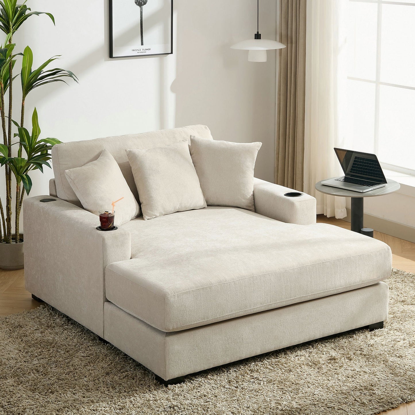 Oversized Chaise Lounger Modern Style Sofa Couch With Pillows, Charge Station & Cup Holders