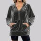 Loose Long Sleeve Zipper Pocket Pleuche Top Women
