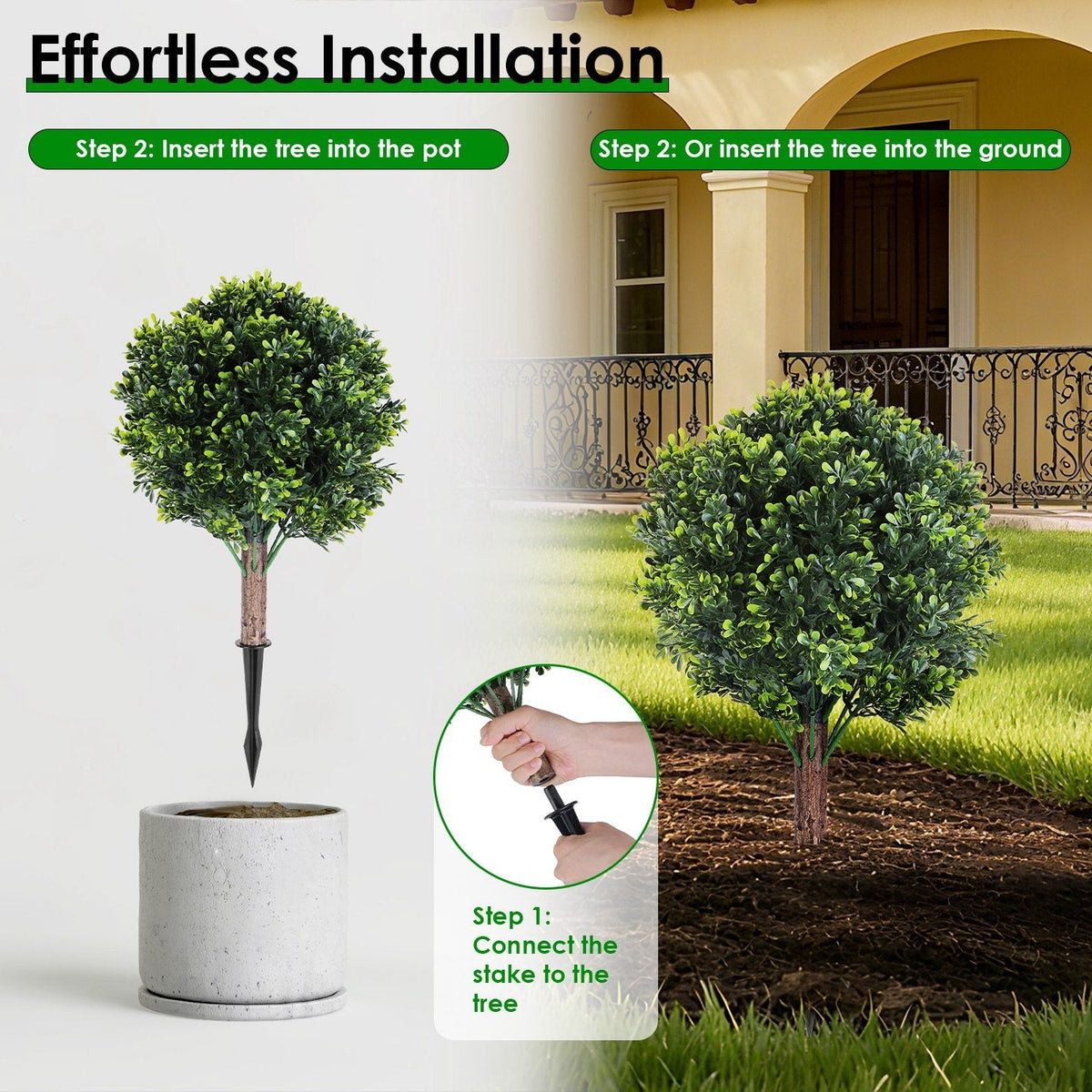 2PCS Artificial Boxwood Topiary Trees with Ground Spikes, UV Resistant