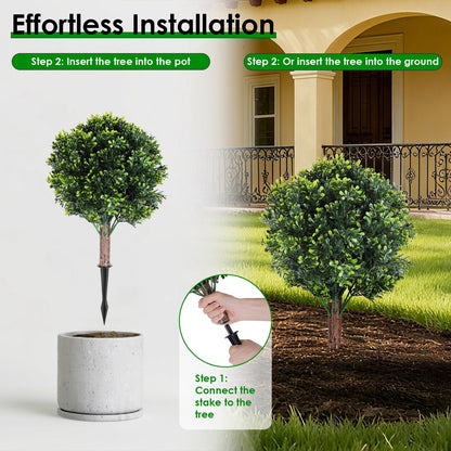 2PCS Artificial Boxwood Topiary Trees with Ground Spikes, UV Resistant
