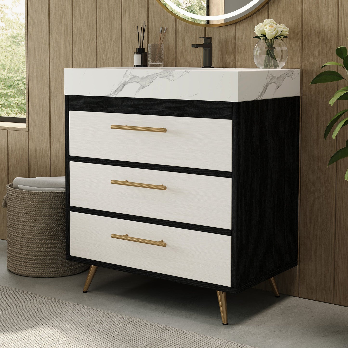 Modern Free-Standing Bathroom Vanity with Ceramic Vessel Sink & Durable Sintered Stone Top