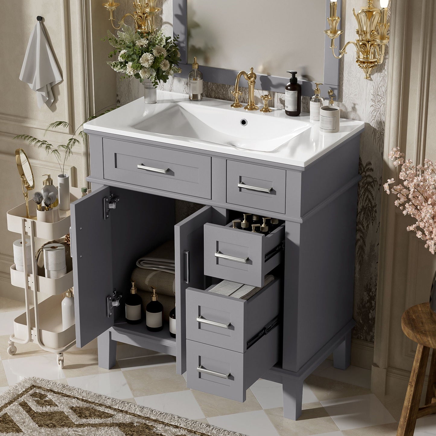 Modern Bathroom Vanity With Sink, Storage Cabinet, Soft Close Doors, Deep & Standard Drawers