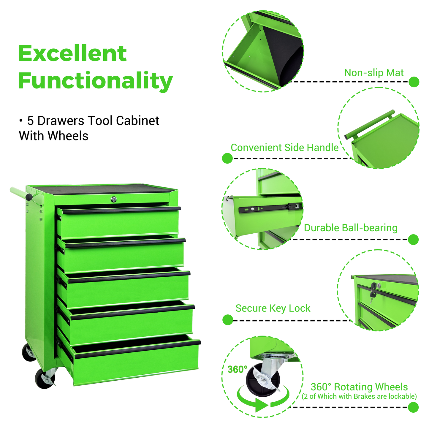 Rolling Metal Tool Chest with 5 Drawers, 20" Steel Cabinet - Green