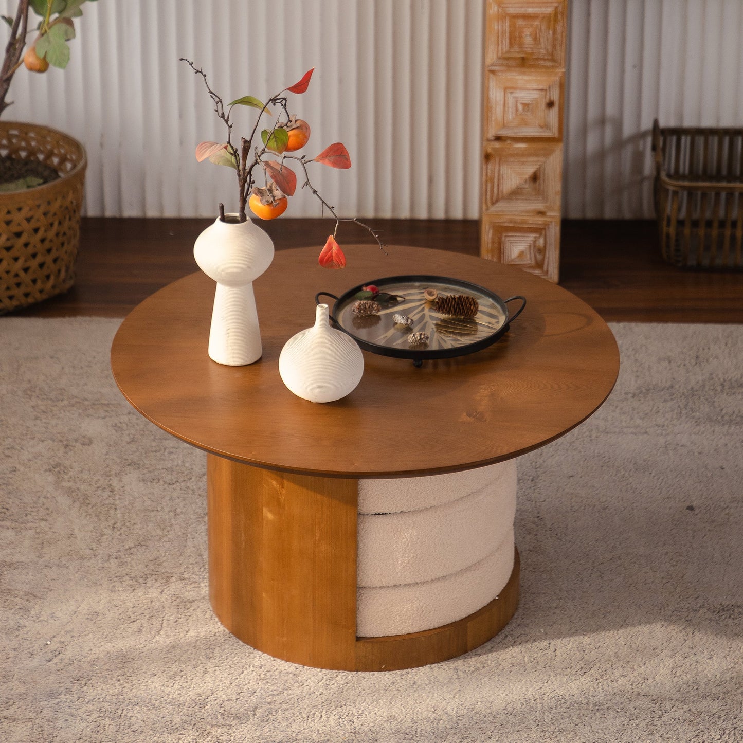 31.5" Round Wood Coffee Table with 3 Teddy Fabric Nesting Stools