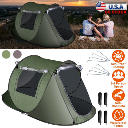 3-4 Person Pop Up Tent Automatic Setup Camping Tent Waterproof InstantÊSetup Tent with 2 Mosquito Net Windows Carrying Bag for Hiking Climbing Adventu