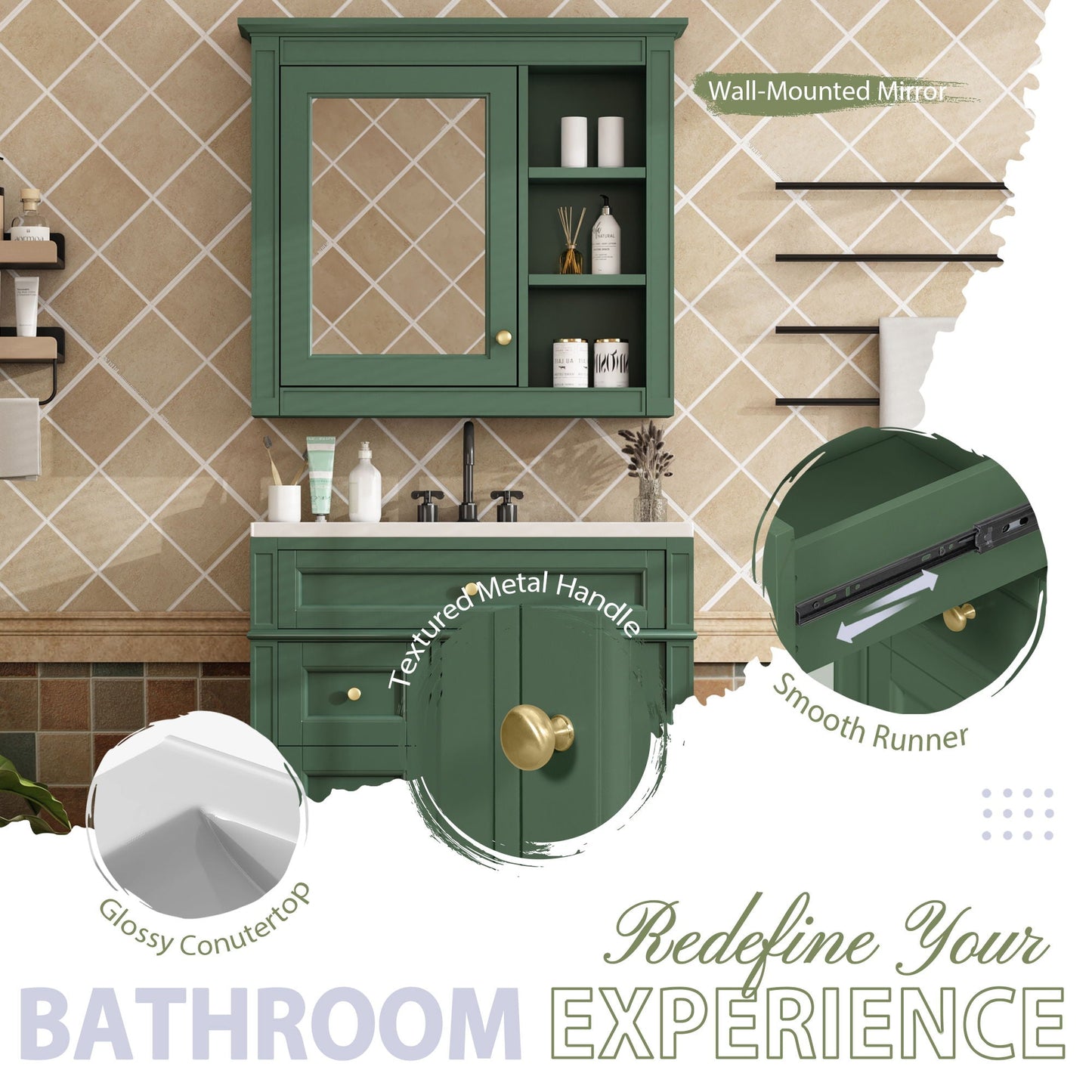 Bathroom Vanity With Medicine Cabinet, Royal Mirror Cabinet, Modern Bathroom Storage Cabinet With 2 Soft Closing Doors And 4 Drawers