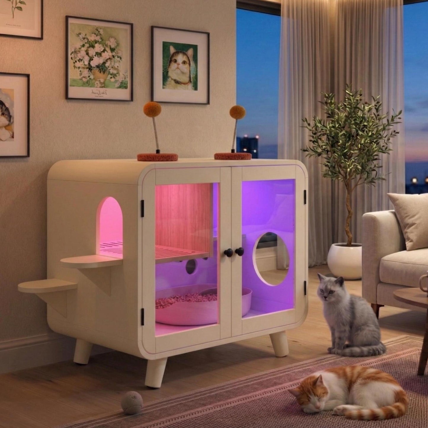 Cat Hidden Litter Box Enclosure with RGB LED Light and Glass Doors