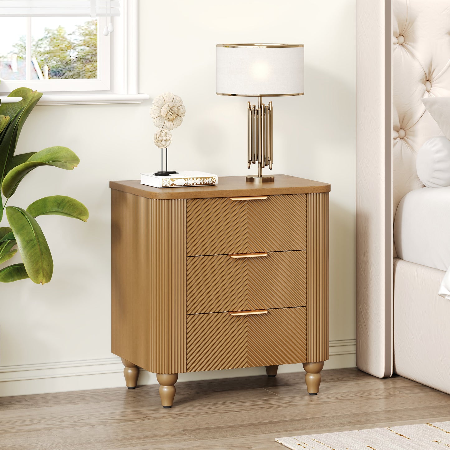 Mid-Century Fluted 3 Drawers Nightstand, Bedside Table with Curved Profile Design and Wide
