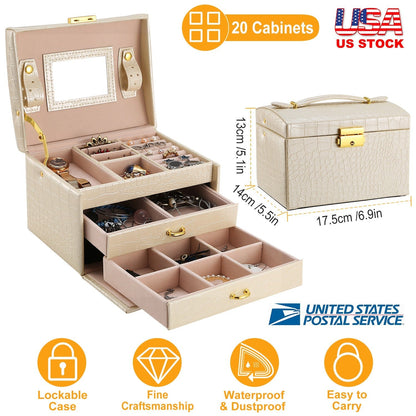 Jewelry Case Organizer 3-layer Lockable Travel Jewelry Box PU Leather Storage Display Case with Mirror Protective for Bracelets Earrings Rings Necklac