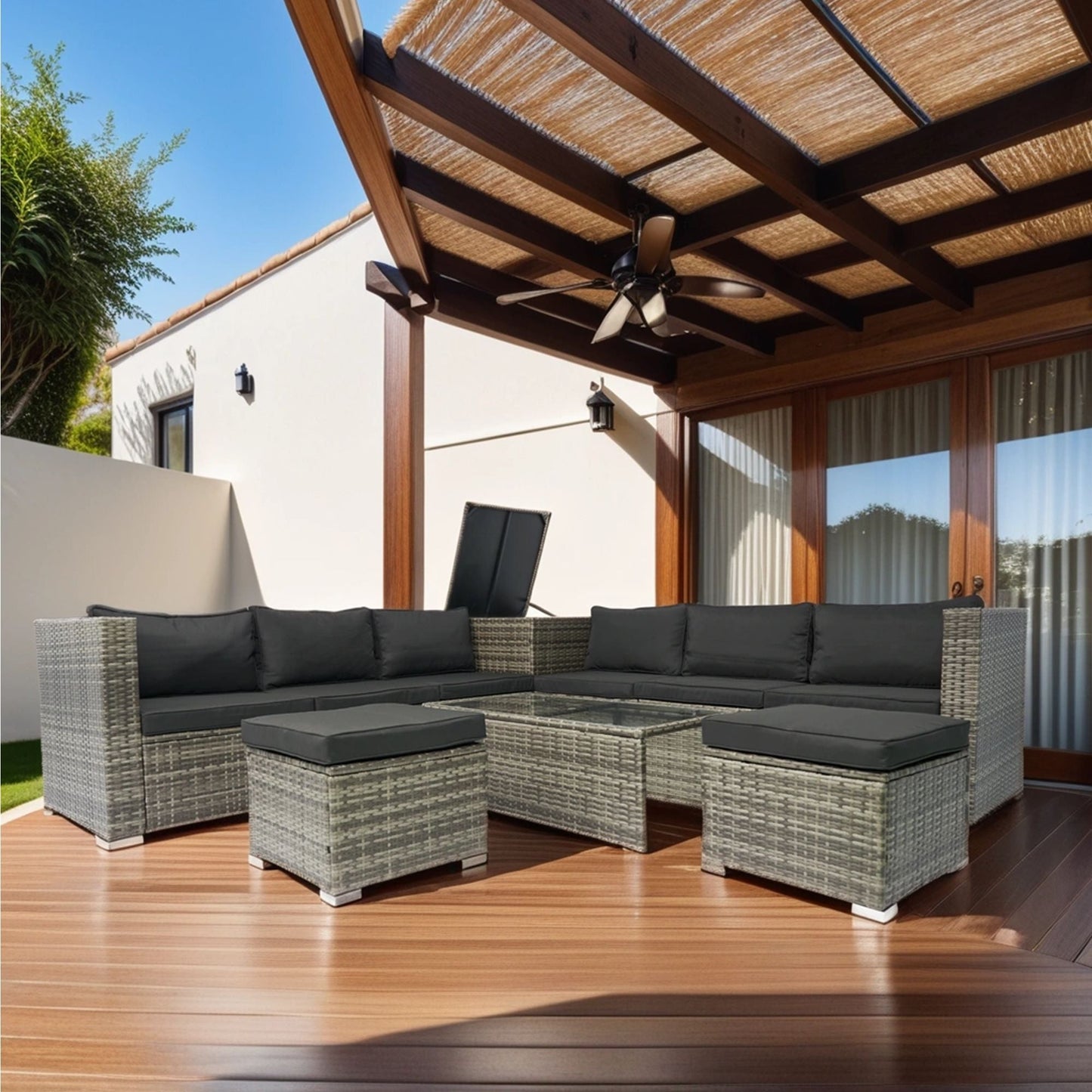 8 Piece Patio Sectional Wicker Rattan Outdoor Furniture Sof Set With One Storage Box Under Seat And Cushion Box - Gray / Black