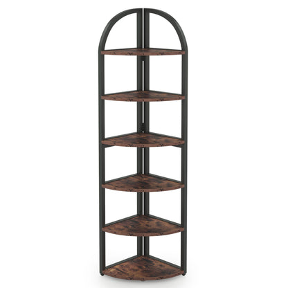Tall 6 Tier Corner Shelf, Freestanding Bookshelf For Living Room - Rustic Brown