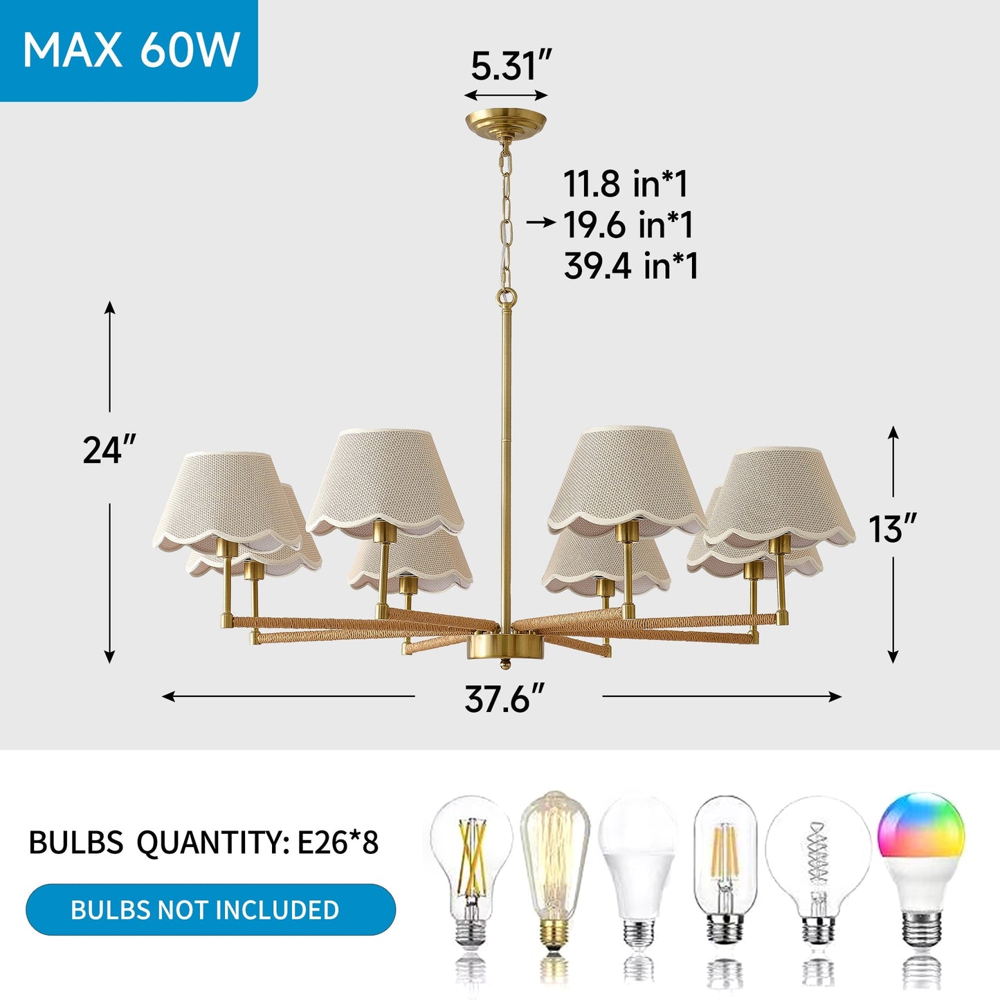 8-Light Rope and Fabric Shade Gold Chandelier