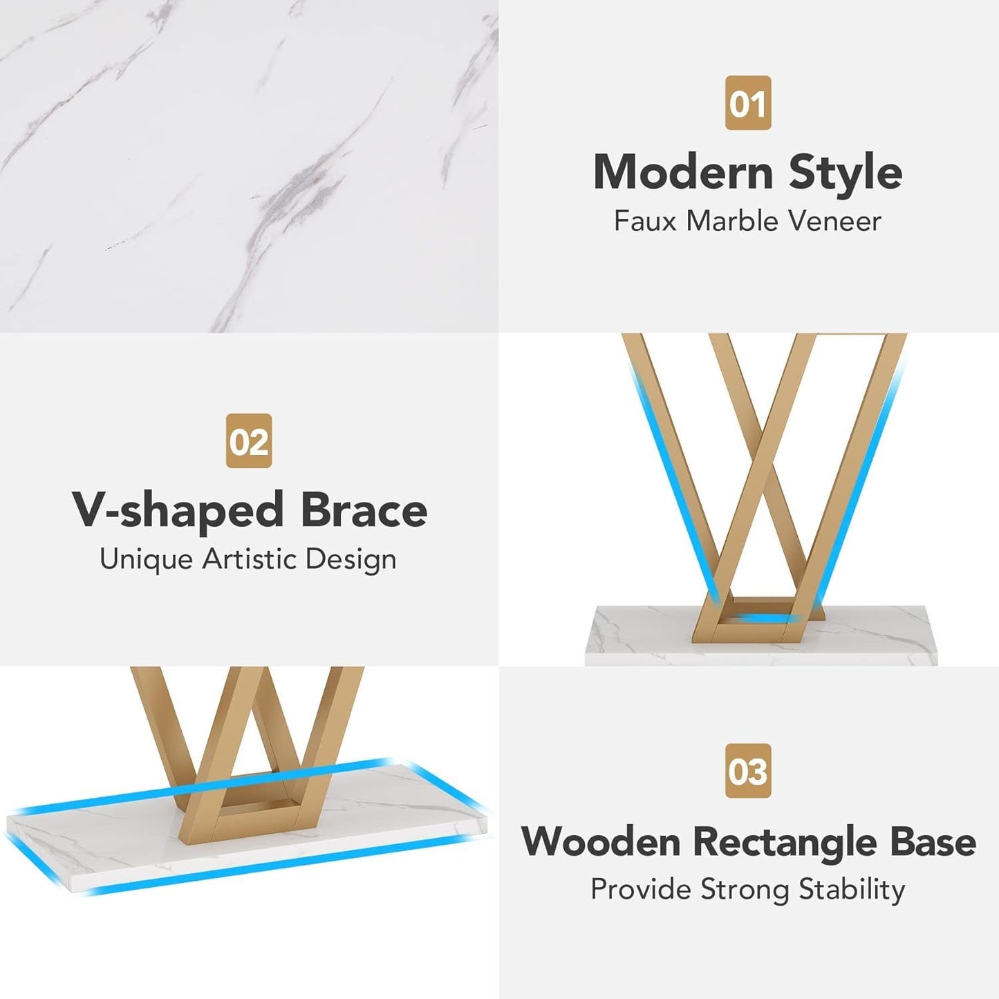 Console Table With Top With V Leg Frame For Hallway, Living Room - White / Gold