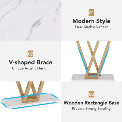 Console Table With Top With V Leg Frame For Hallway, Living Room - White / Gold