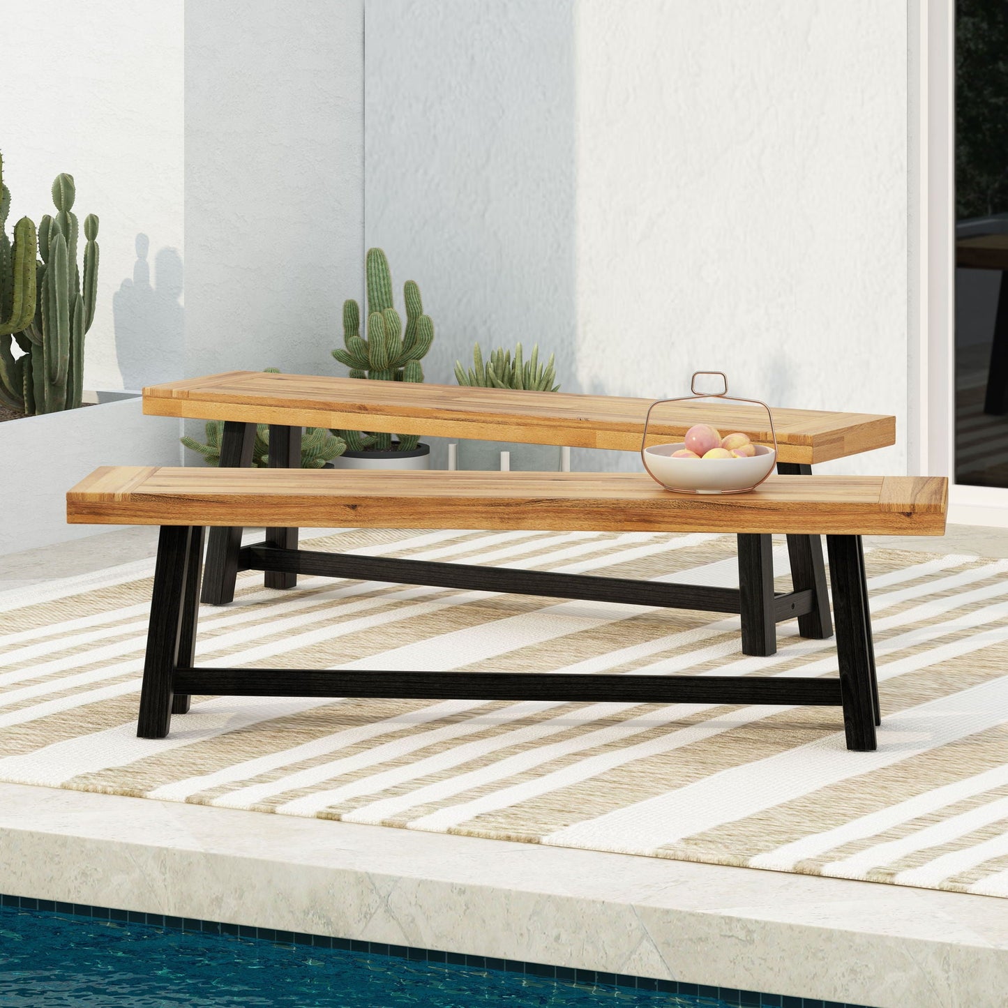 Cloud Outdoor Bench With Acacia Wood Frame And Slat Panel Design