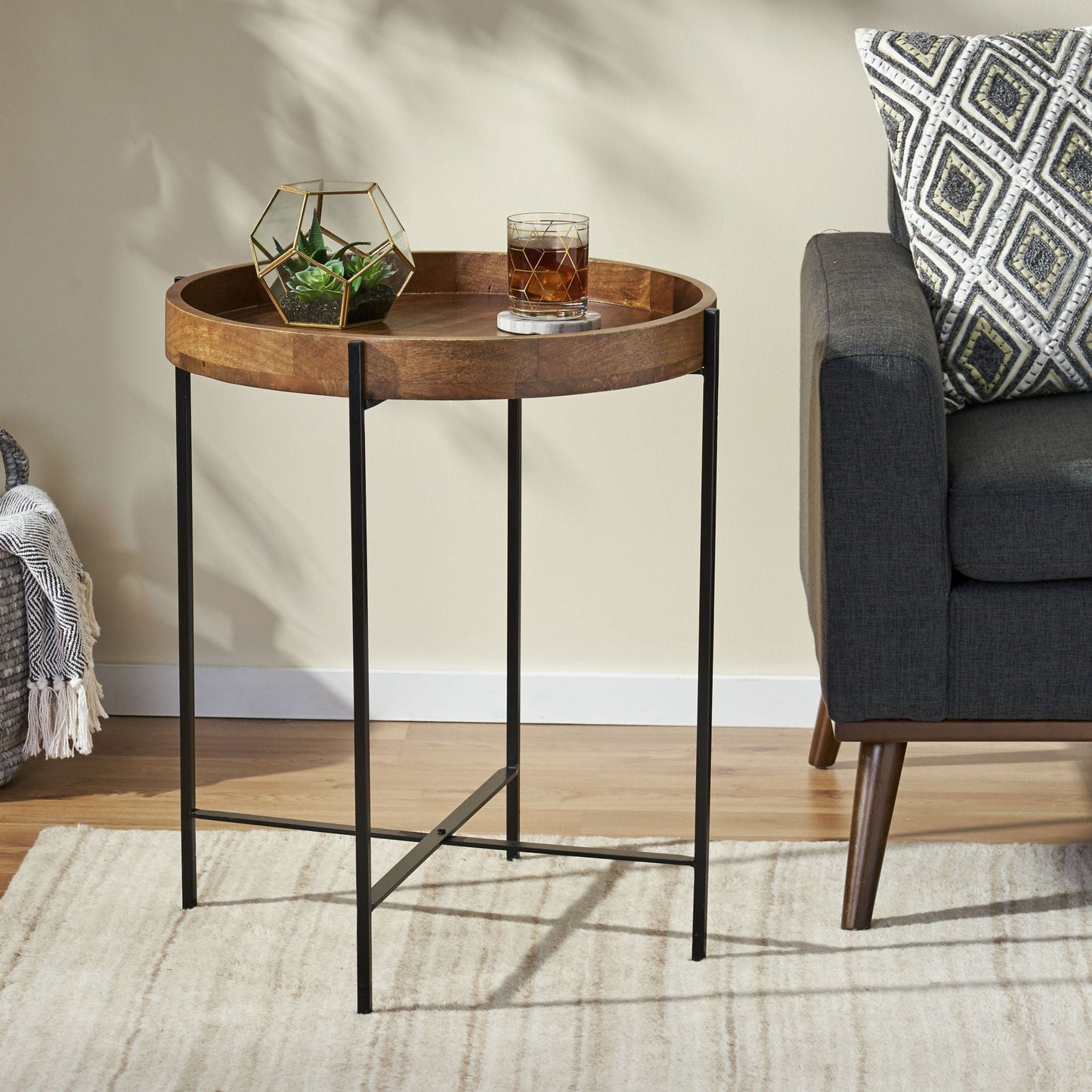 Modern Industrial Round End Table with Tray Top and Foldable Iron Legs - Natural