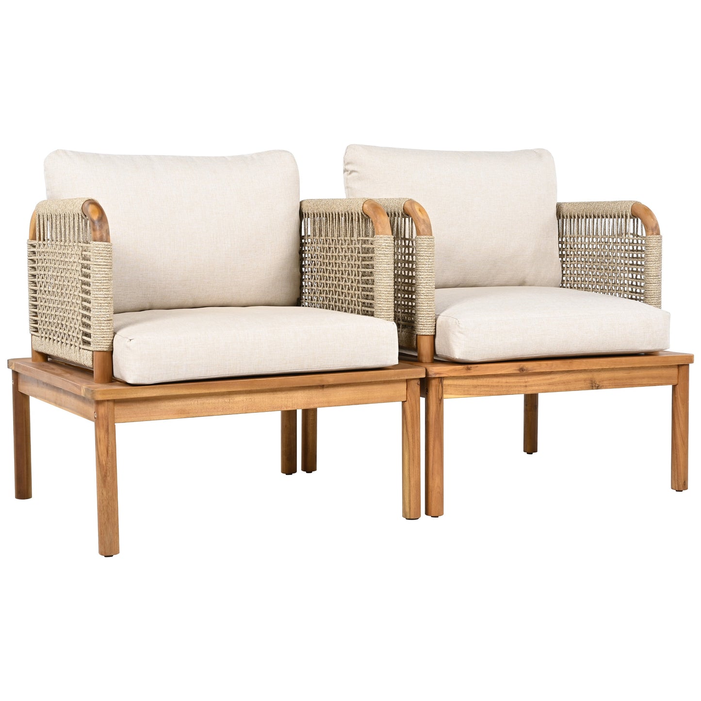 Outdoor Acacia Wood and Rope Club Chair with Cushions (Set of 2)