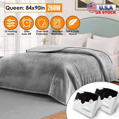 Electric Heated Queen Size Fleece Heated Blanket with Dual Controller 10 Heating Levels 10 Hours Auto Off Machine Washable for Home Office Usage 84x90