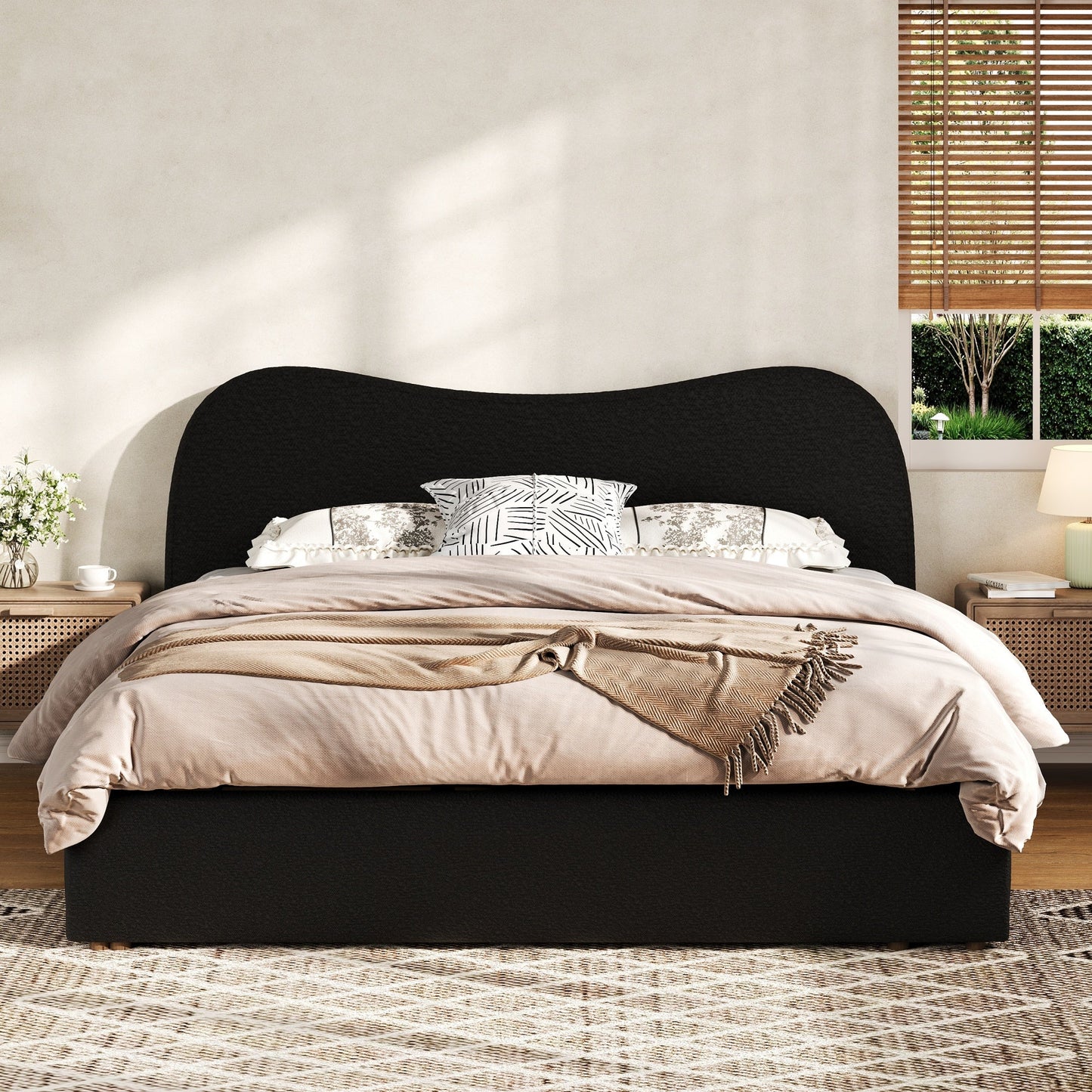 Queen Size Upholstered Platform Bed with Wooden Slats