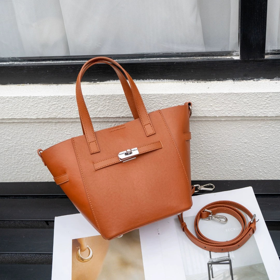 Custom Cross-Border Top-Grain Vegetable-Tanned Leather Basket Bag, Large-Capacity Commuter Elegant Women's Genuine Leather Handbag