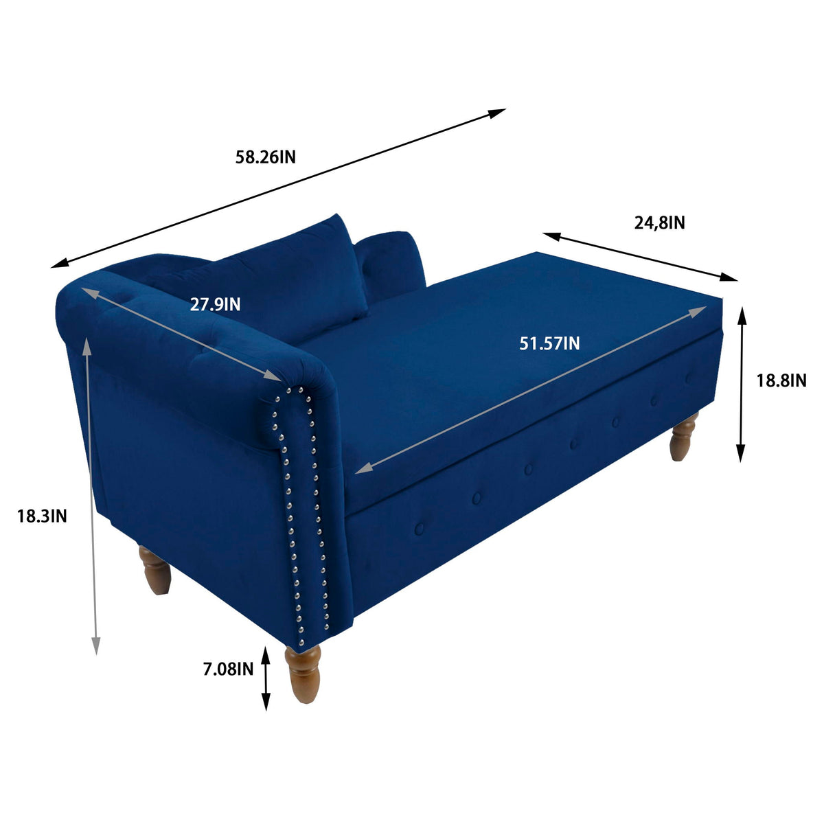 Chaise Lounge Indoor, Lounge Chair For Bedroom With Storage & Pillow, Modern Upholstered Rolled Arm Chase Lounge For Sleeping With Nailhead Trim For Living Room Bedroom Office
