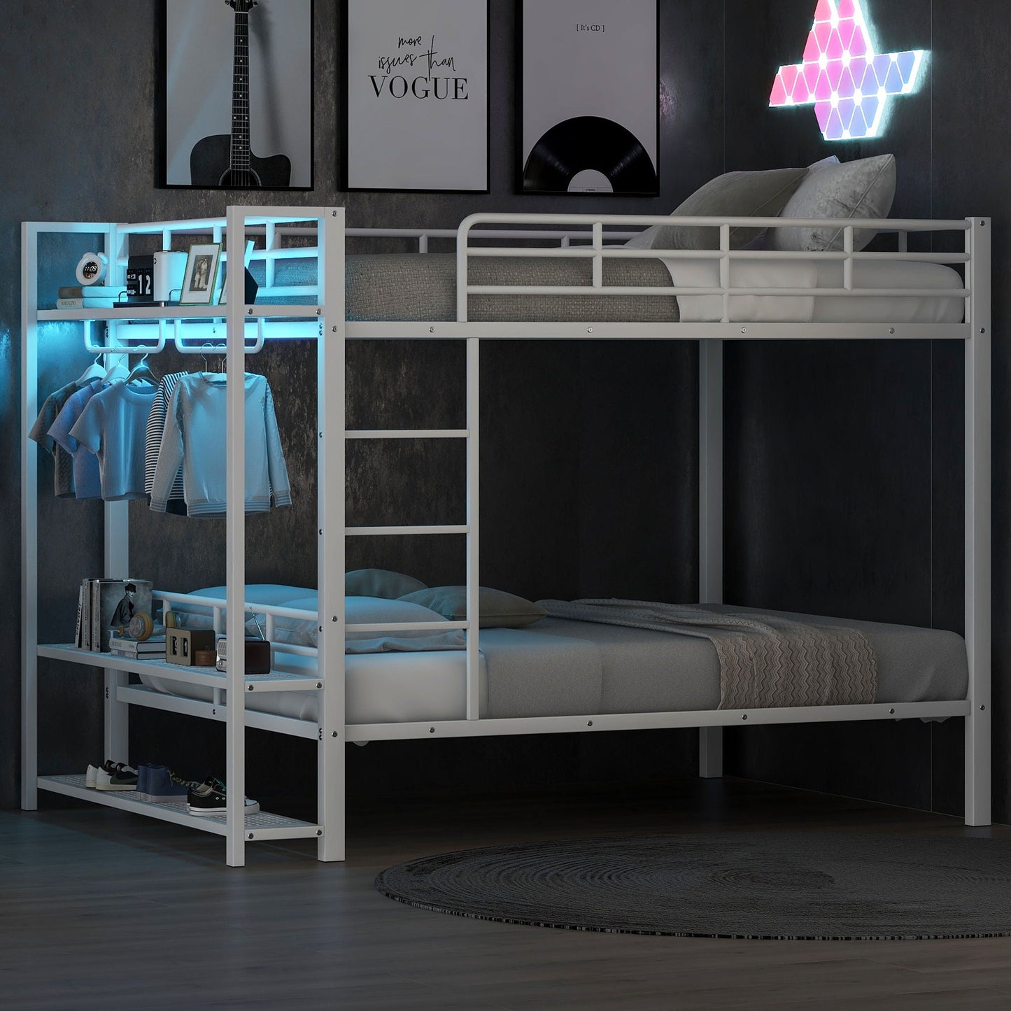 Bunk Bed With Storage Shelves, Clothes Hooks, LED Light