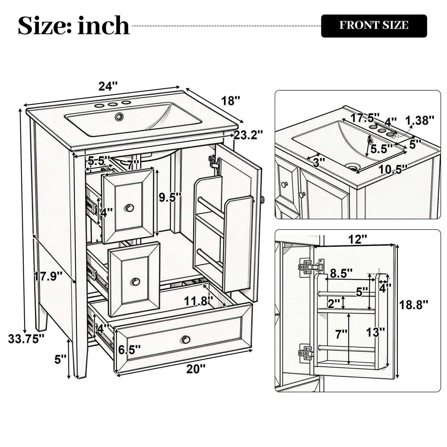Modern Bathroom Vanity With Sink, Soft Close Drawers & Door, Storage Rack