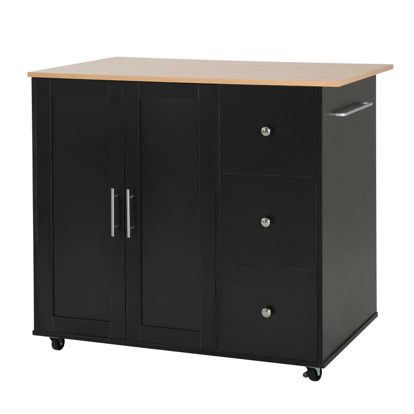 Mobile Kitchen Cart With Storage With 2 Doors, 3 Drawers & Adjustable Shelf - Black / Natural